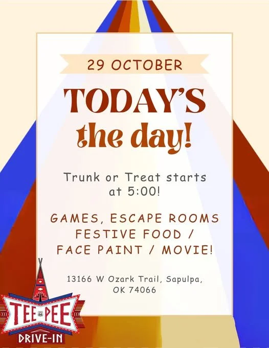 ππ It’s Trunk or Treat Night at The Teepee! ππ
Join us TONIGHT for a special community evening sponsored by Sapulpa First Baptist Church! It’s going to be a fun, family-friendly night full of games, goodies, and a heartwarming movie