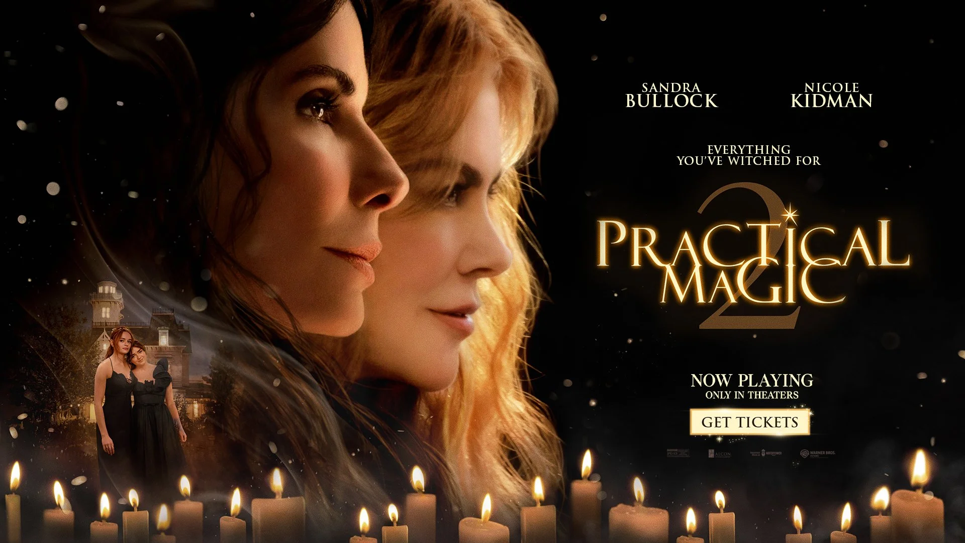Movie poster for 'Practical Magic 2' featuring two women in profile, with candles at the bottom, casting a mystical atmosphere. Text includes cast names Sandra Bullock and Nicole Kidman, and mentions the film is now playing in theaters.