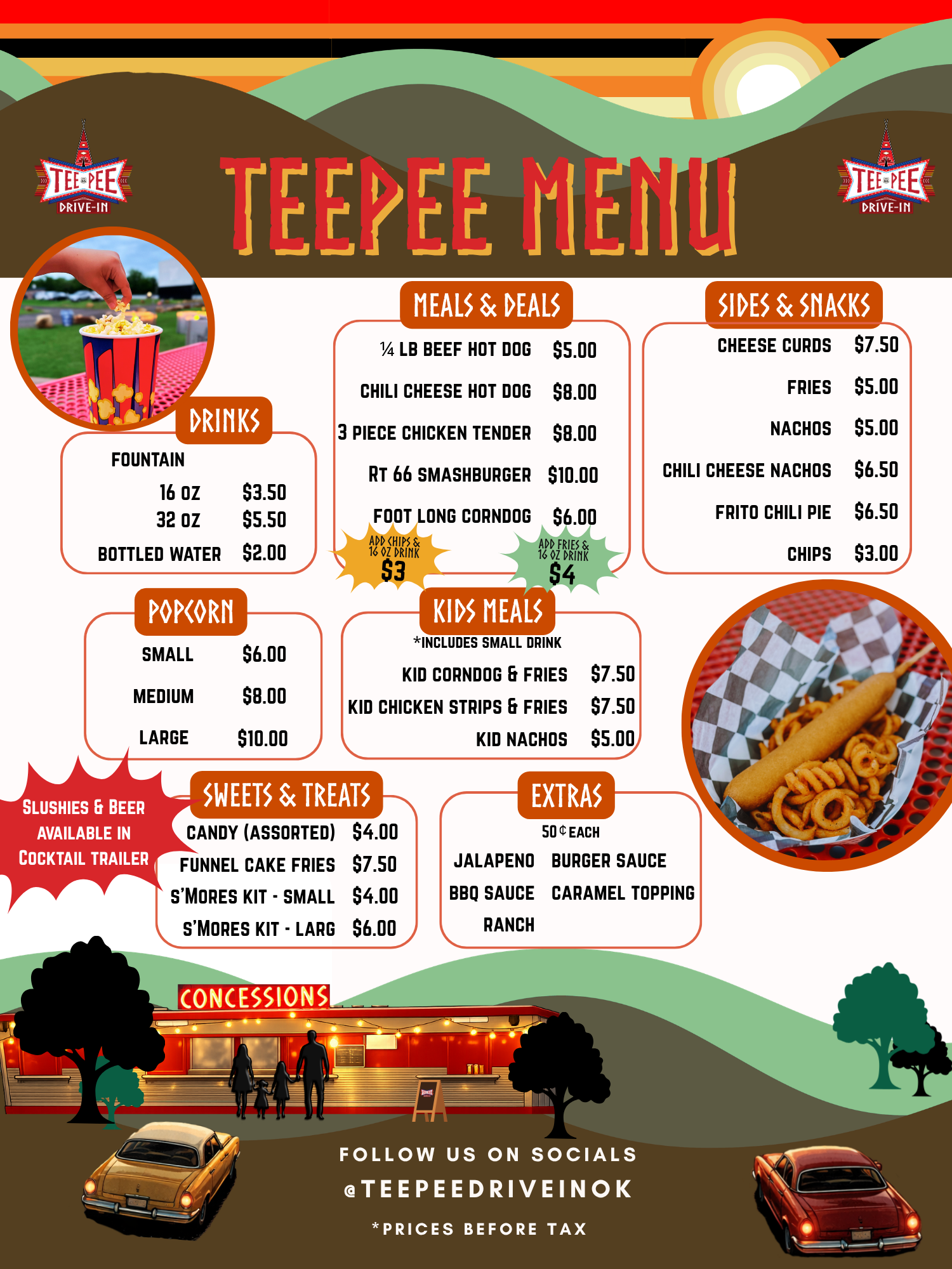 Colorful roadside drive-in menu with various food and drink options, including movies with hills and sunset in the background.