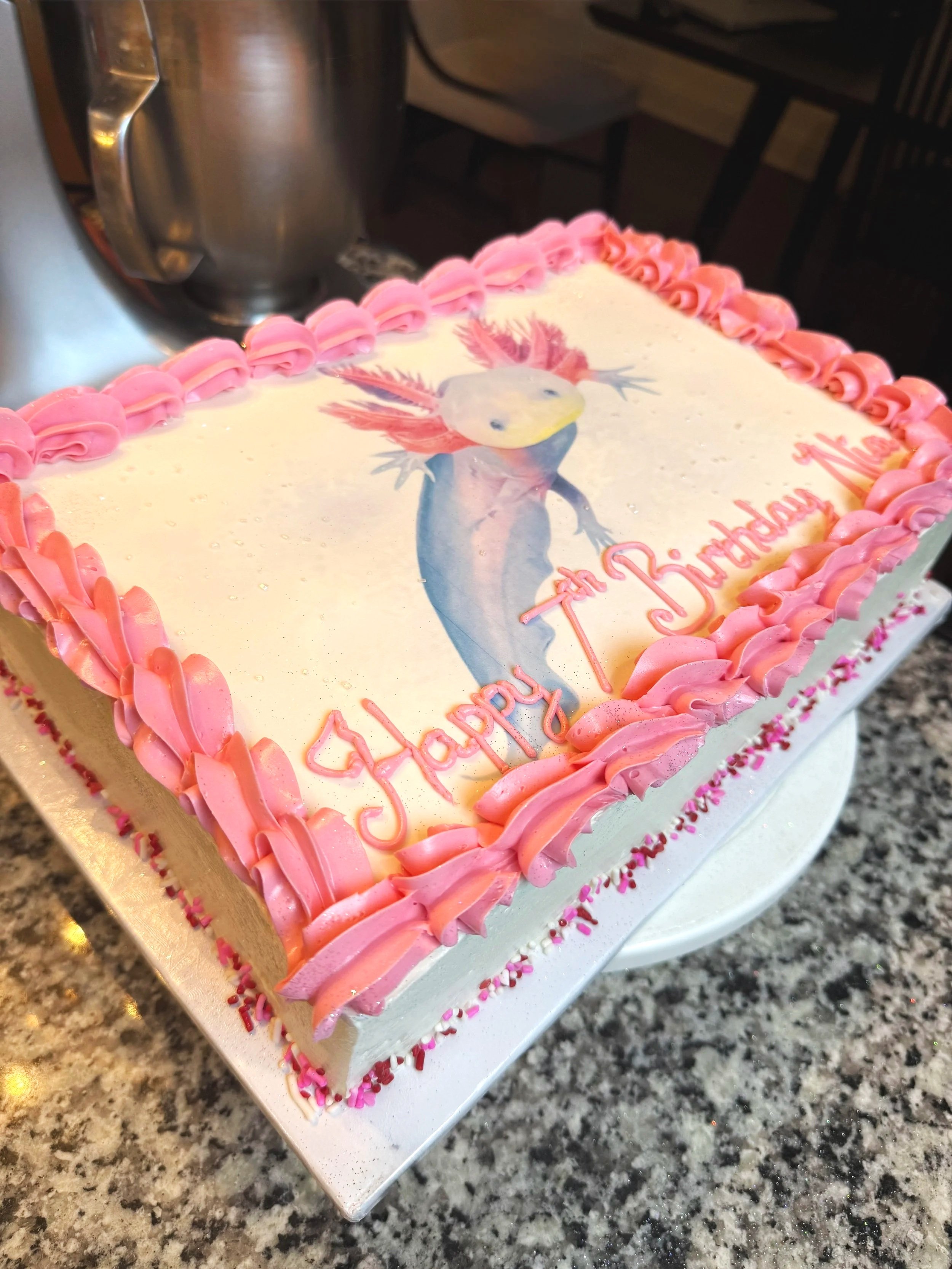 Axolotl sheet cake, girl birthday cake, pink and white cake, Vanessa Sencherey, black bakery near me, chocolate cake near me, charlotte bakery birthday cake