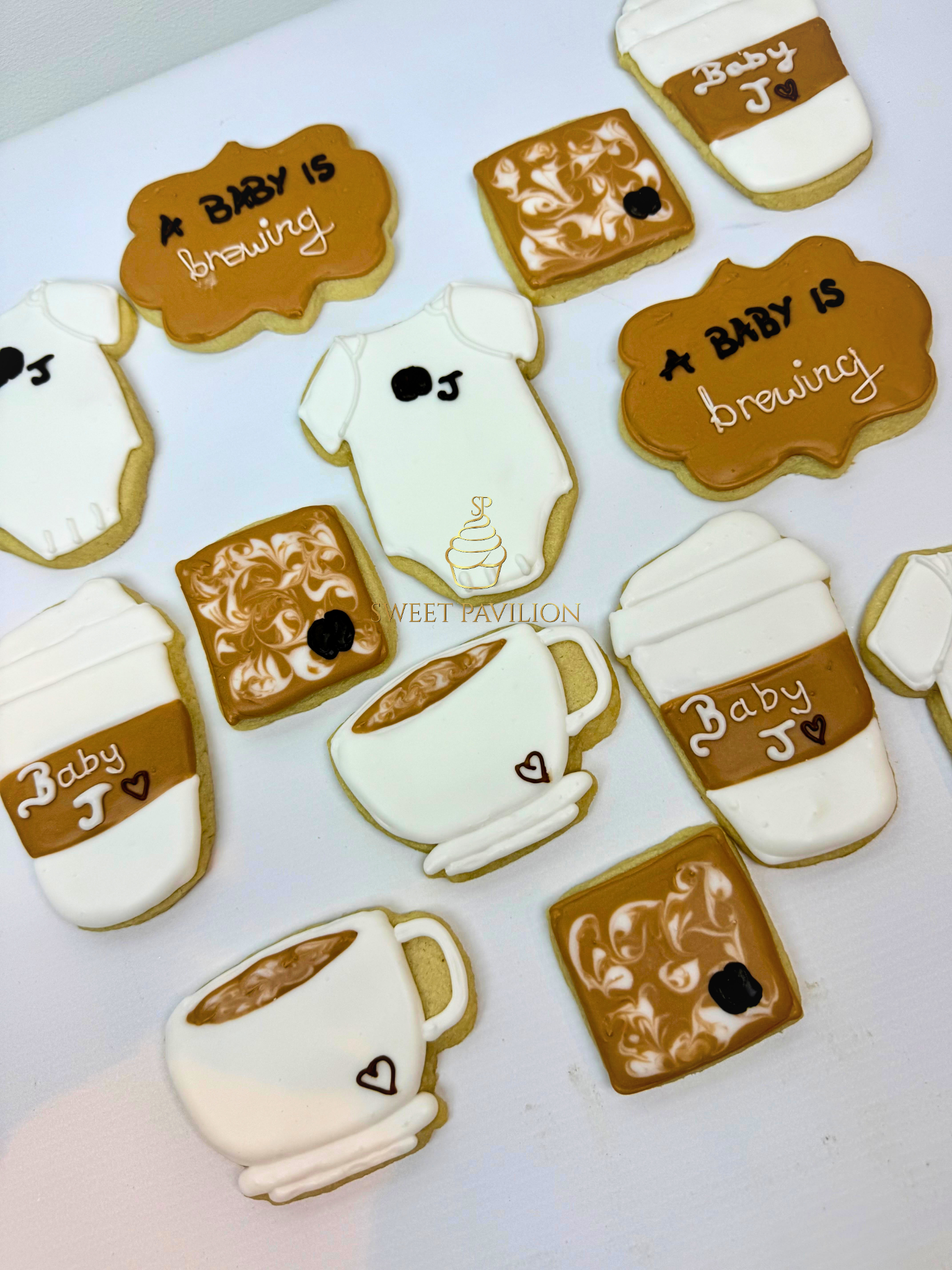 Baby is brewing baby shower cookies, custom baby shower cookies, a baby is brewing, a little latte love, love is brewing, little bean, sugar cookies, charlotte nc bakery, coffee themed baby shower