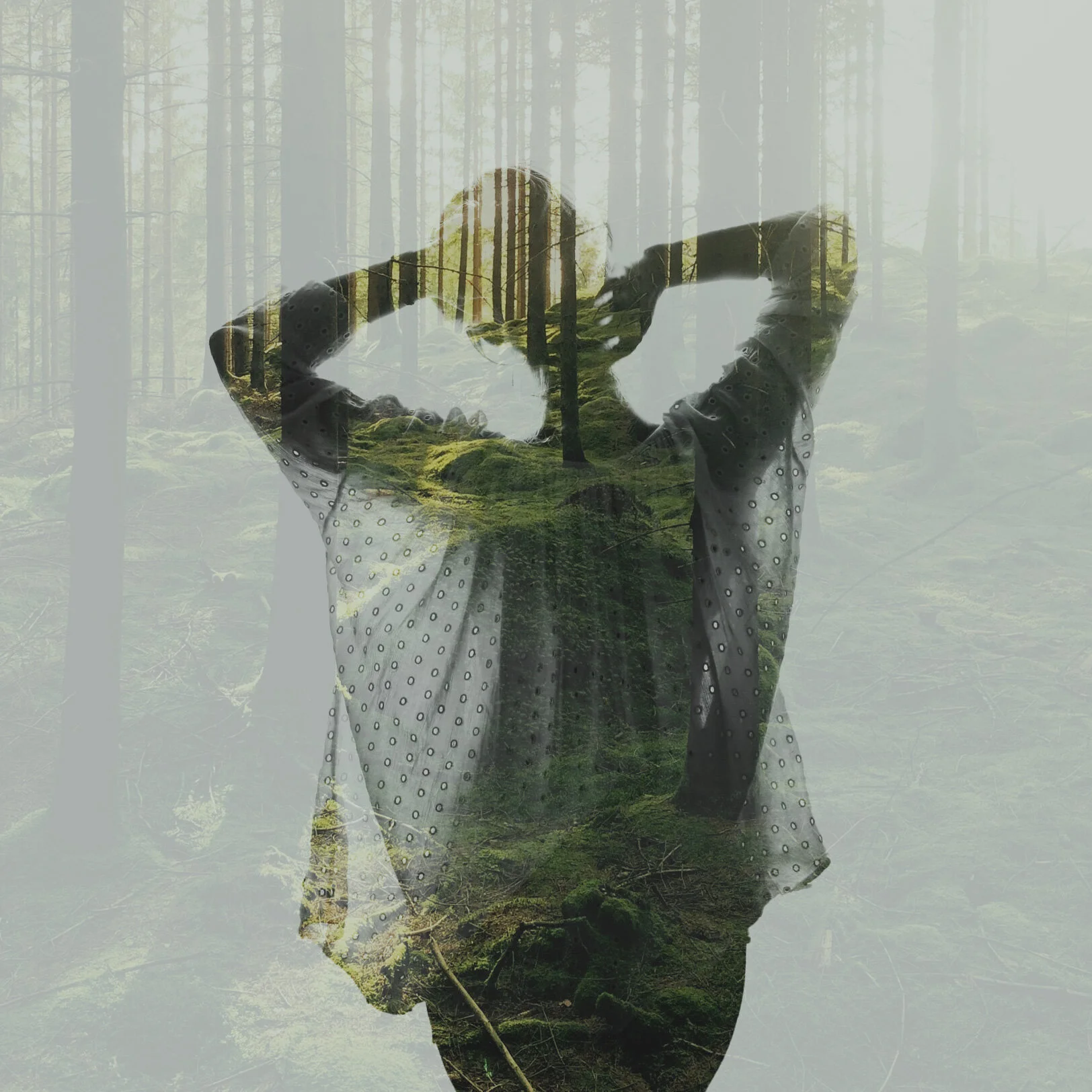 Silhouette of a person with arms behind their head, superimposed on a forest scene.