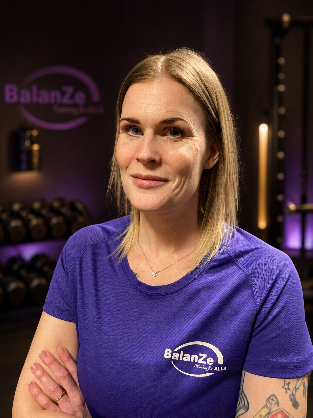 Person i lila tröja med "BalanZe" logotyp, arm i kors, står mot mörk bakgrund.