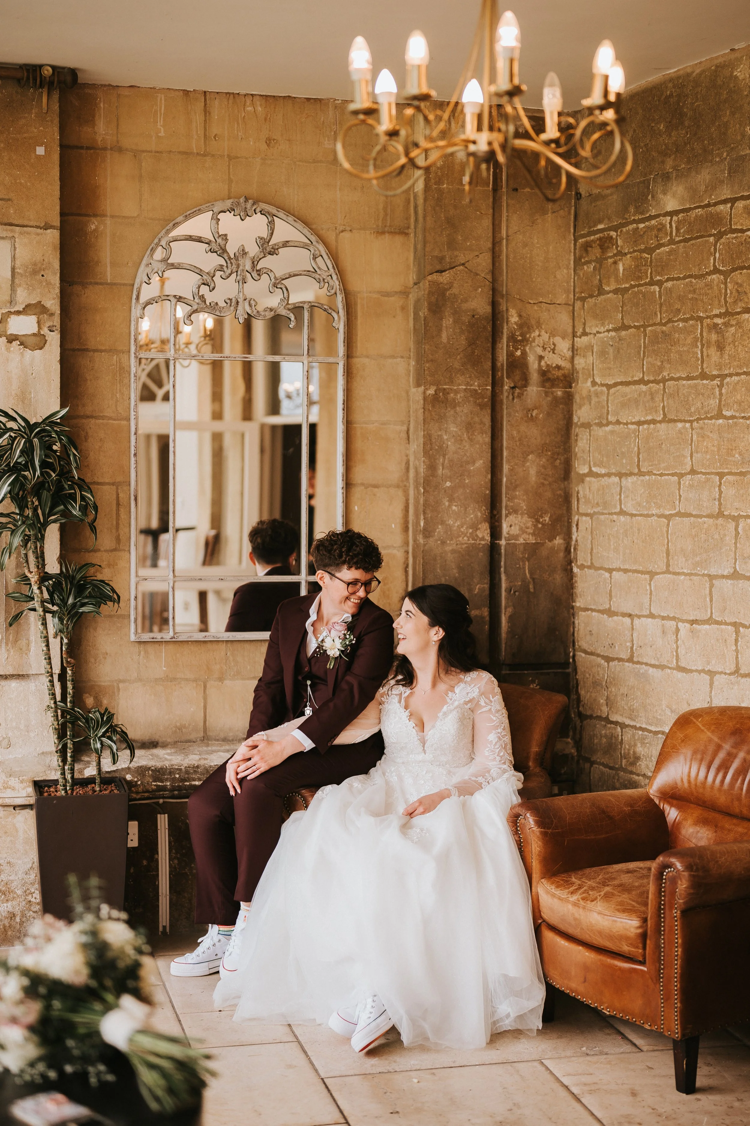 Lesbian couple on their wedding day in Wiltshire