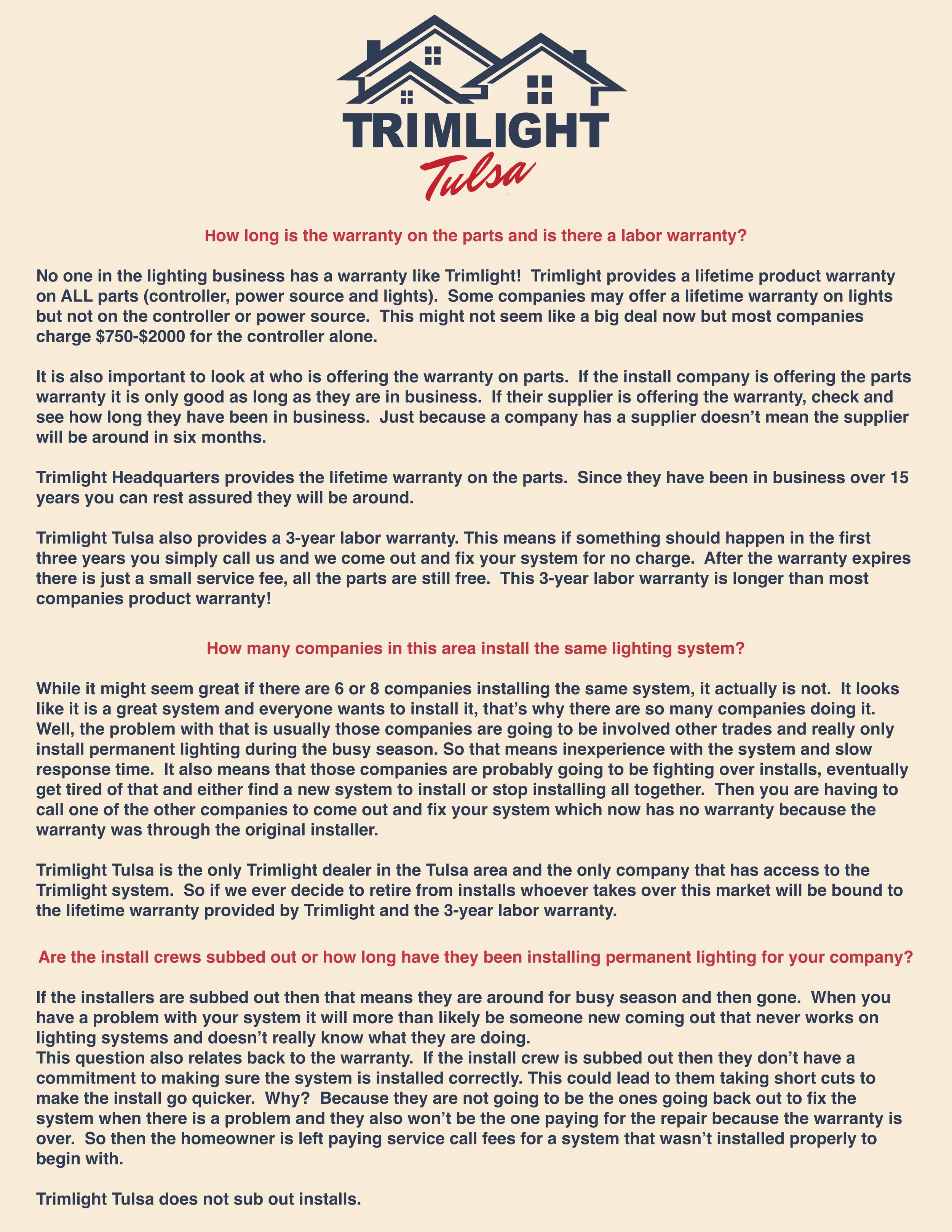A document from Trimlight Tulsa explaining warranty details and installation information for lighting systems, featuring a house logo at the top.