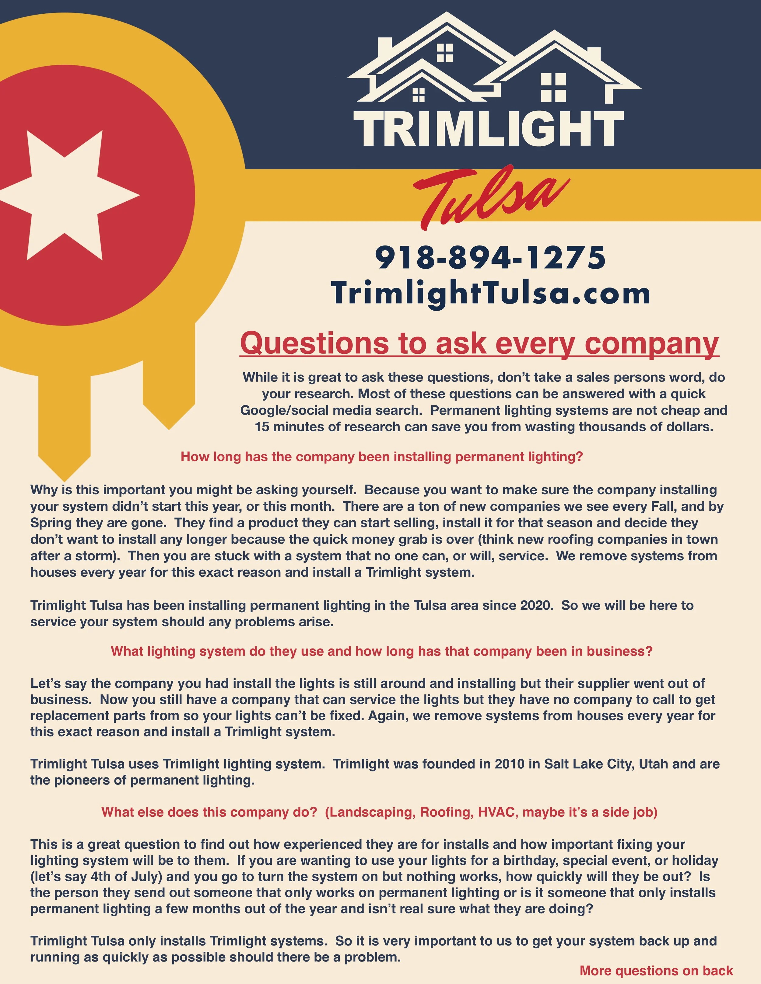 A marketing flyer for Trimlight Tulsa, a company specializing in permanent lighting installations. The flyer includes the company's logo with house icons, their contact information, and advice on questions to ask your lighting company. It discusses the importance of choosing experienced installers and highlights the company's long-standing experience since 2010 in Tulsa, Oklahoma.