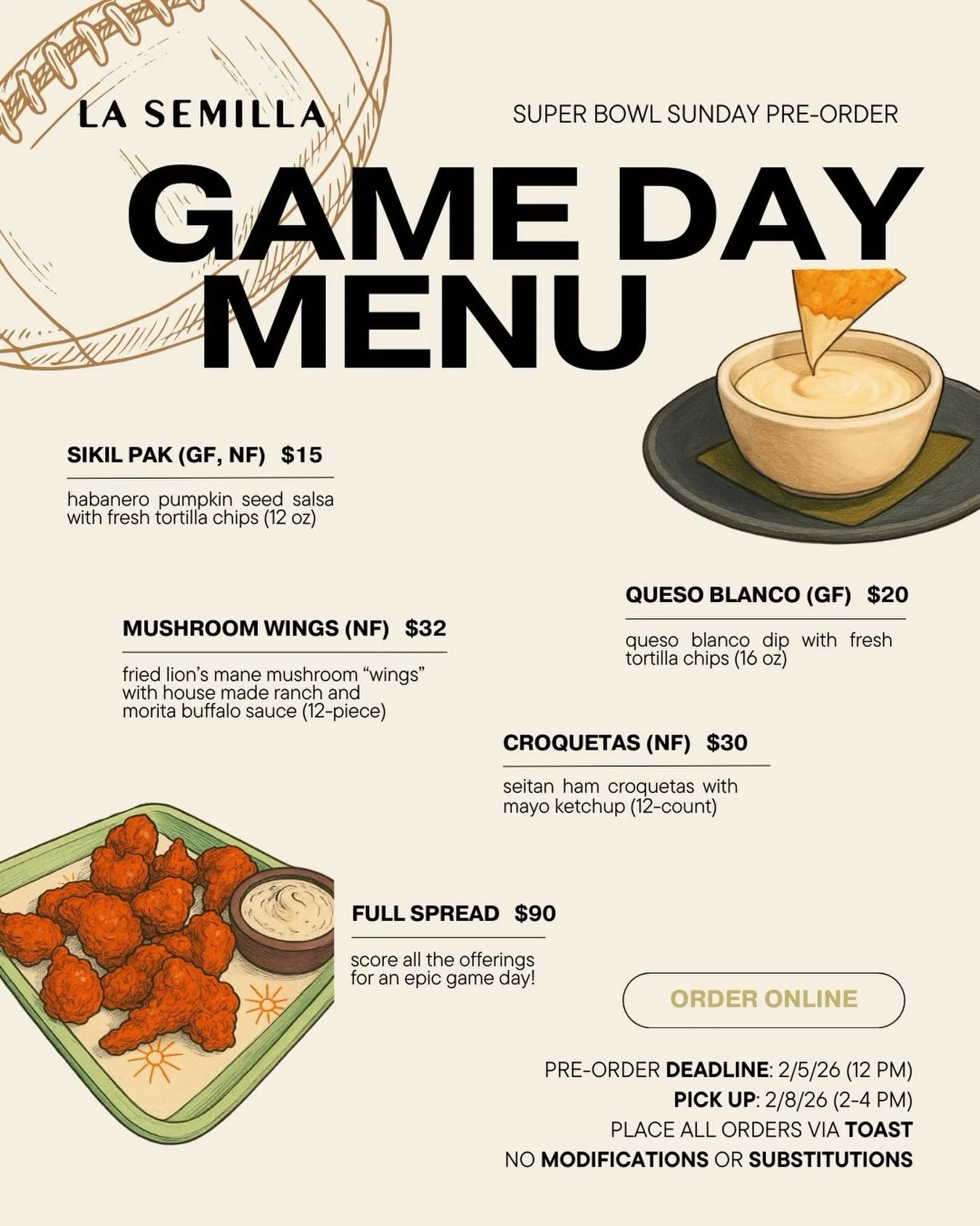 Our game day menu is here to win. 🏈🌱

Limited availability. Pre-order now before we sell out.

Pre-orders close 2/5 (12 PM) | Pickup 2/8 (2-4 PM)
👉 Order online via Toast (link in bio)

And felicidades to @badbunnypr !!

#s&oacute;loplantas