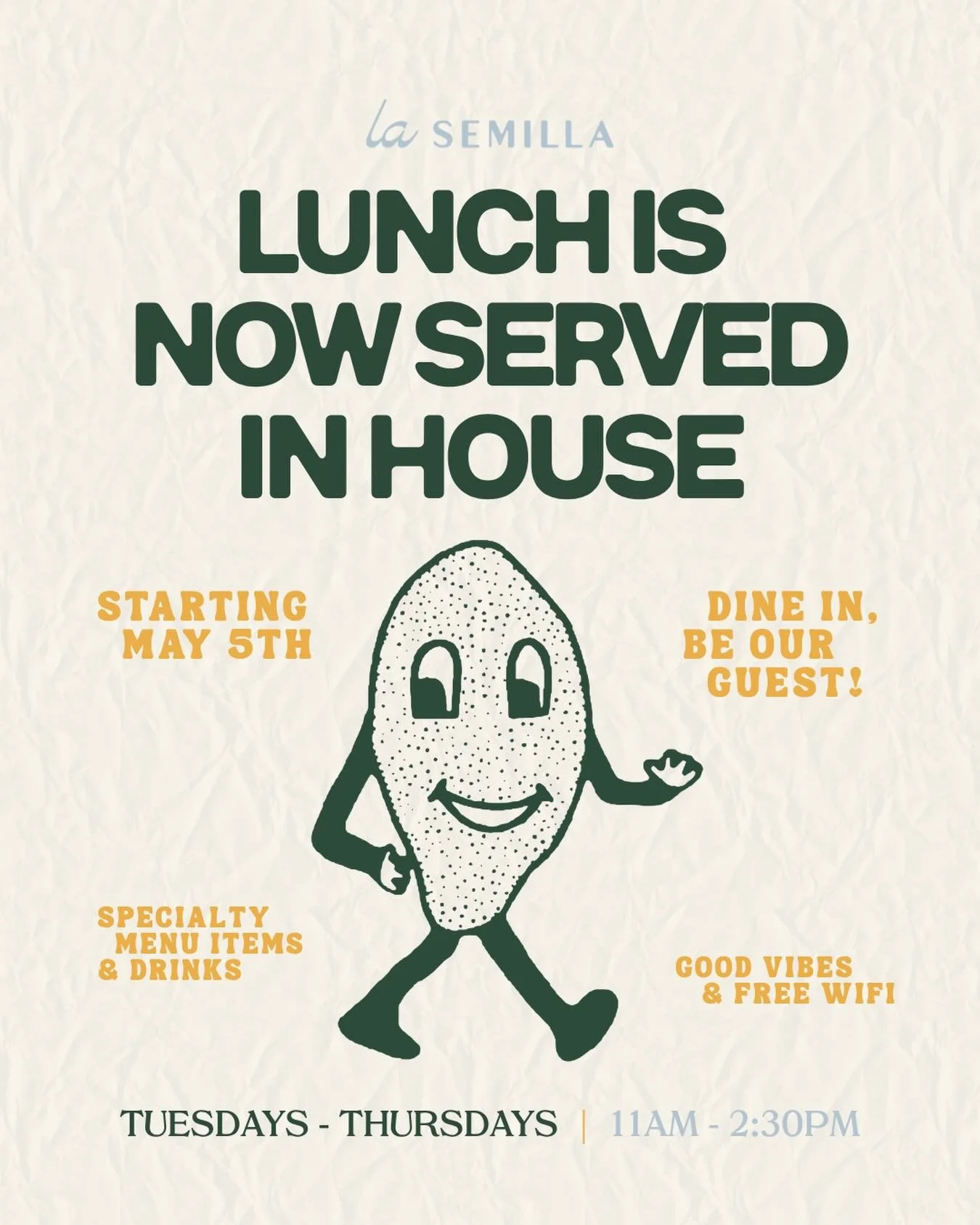 𝑪𝒐𝒎𝒊𝒏𝒈 𝑺𝒐𝒐𝒏&hellip;✨
Starting May 5th ~ you can sit, stay, and eat with us during the weekday. We&rsquo;re excited to announce dine-in lunch service at La Semilla!

Bask in our little plant-filled oasis, soak up the natural light, snack and