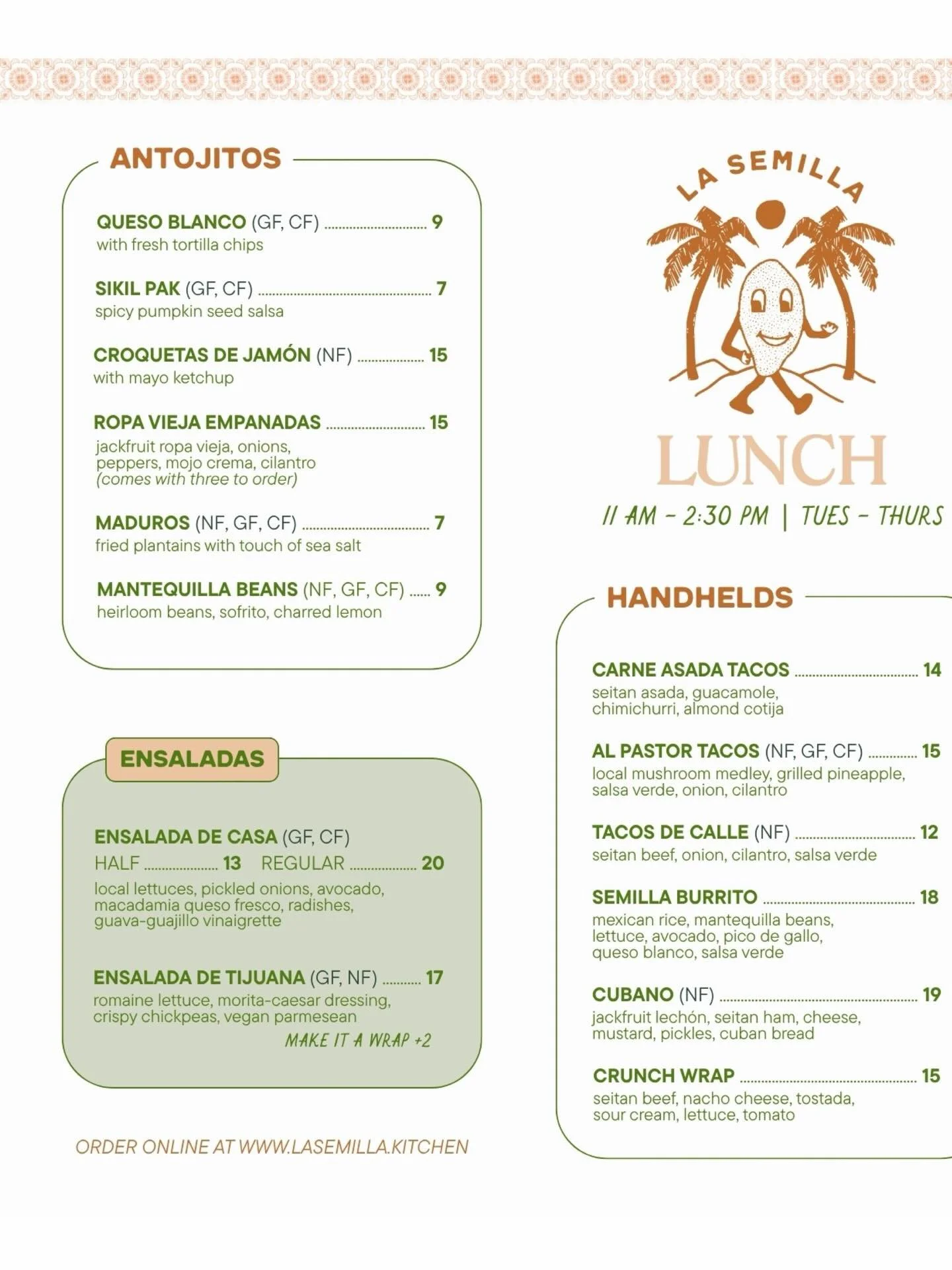𝑳𝑼𝑵𝑪𝑯 𝑴𝑬𝑵𝑼 𝑫𝑹𝑶𝑷 !!

Now available for dine-in and takeout/delivery.
Tuesday, Wednesday, Thursday

11am-2:30pm

Y&rsquo;all asked and we listened!
Come hang with us during the week.

#s&oacute;loplantas