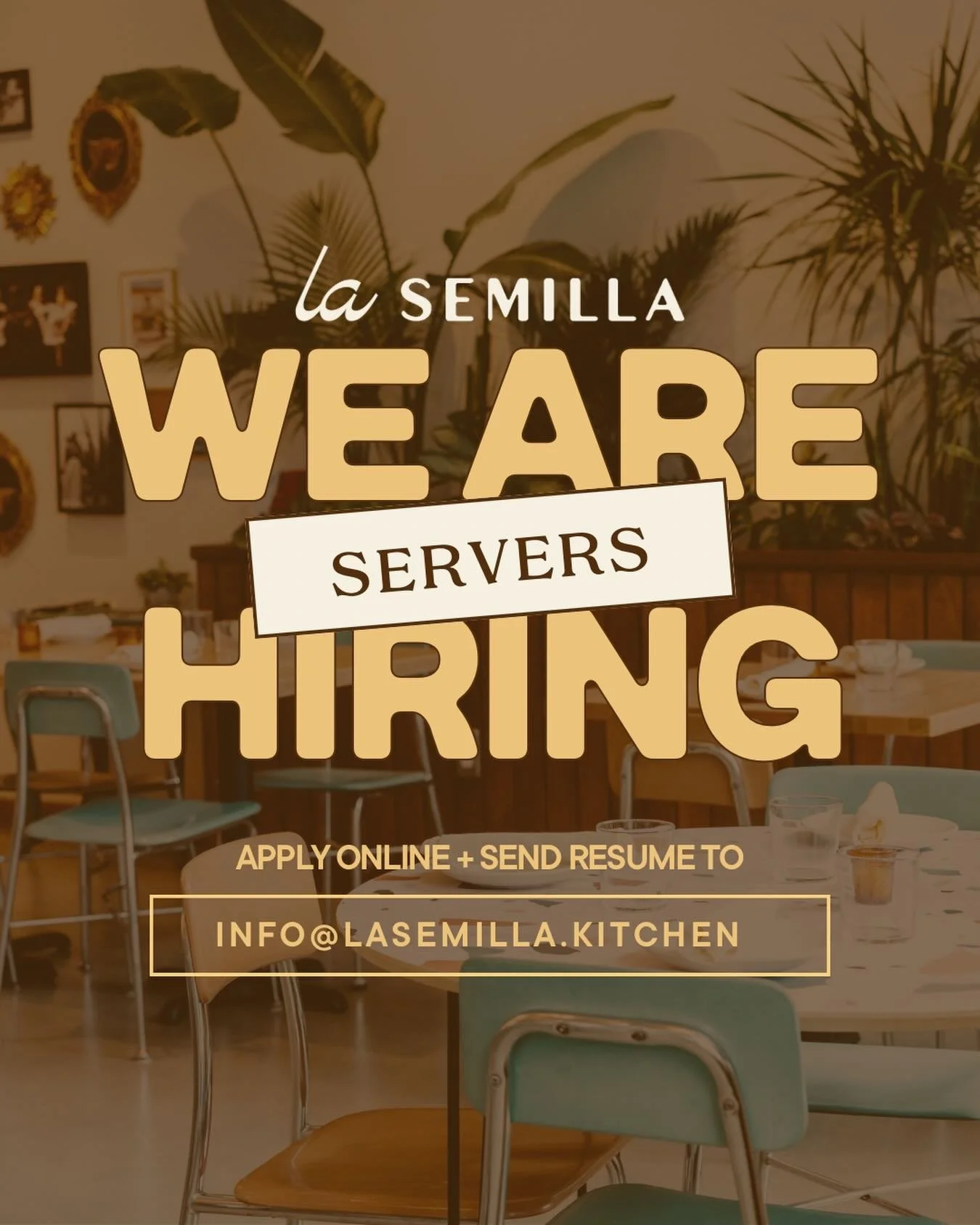 𝐍𝐎𝐖 𝐇𝐈𝐑𝐈𝐍𝐆 𝐒𝐄𝐑𝐕𝐄𝐑𝐒.

Evening and weekend availability required. 
Experience preferred. Apply online (link in bio).

La Semilla is currently hiring servers to join our front of house team. We&rsquo;re looking for reliable hospitality p