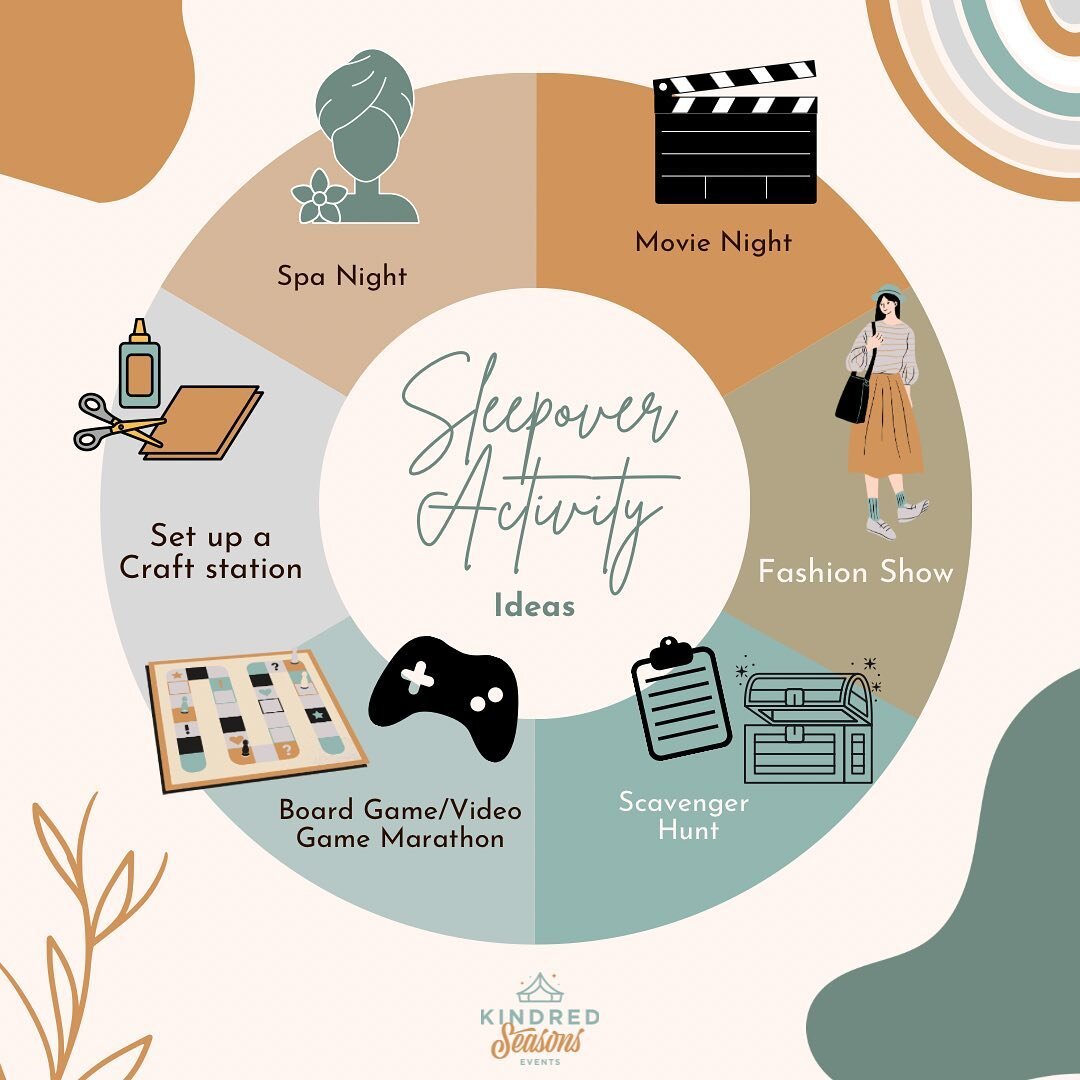 Want to spice up your sleepover? Here are just a few sleepover activity ideas to try out for your next party! Then let @kindredseasonsevents take care of the sleepover set up! 

1. Movie Party 🎥 🍿 🎟️ 
2. Fashion Show 👗
3. Scavenger hunt 🕵️
4. Bo