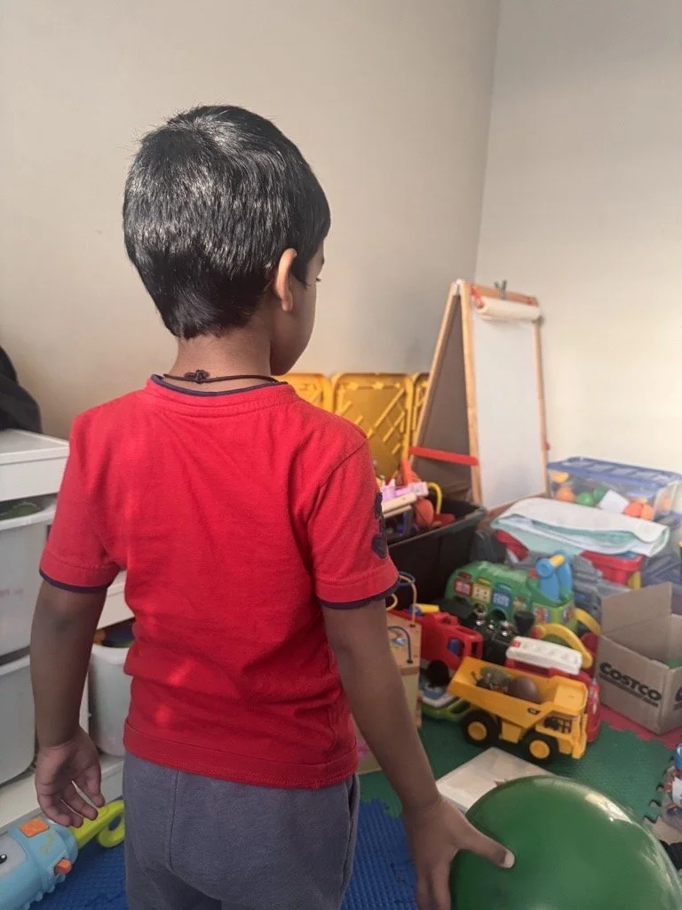 Back of young boy in red shirt playing with green ball among various toy trucks and play items in a room.