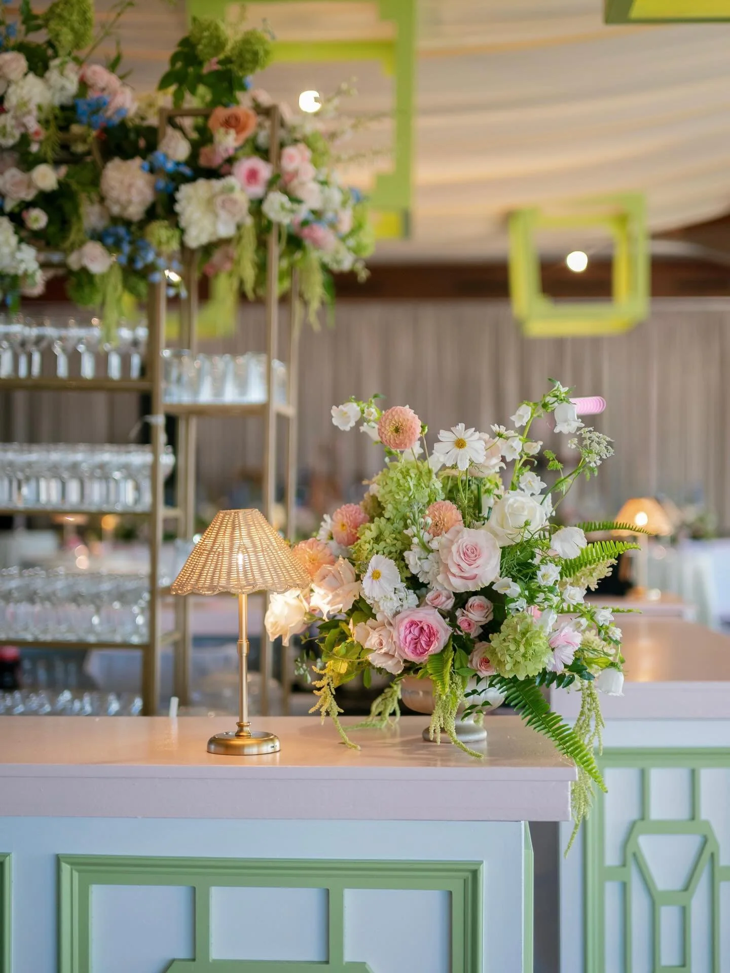 a bar moment worth lingering over 🥂 from the soft pink &amp; green bar, to the custom green lanterns above, this statement bar made for the perfect gathering place &amp; unforgettable cocktails for SB + J&rsquo;s guests! 

#weddingplanning #wedding 