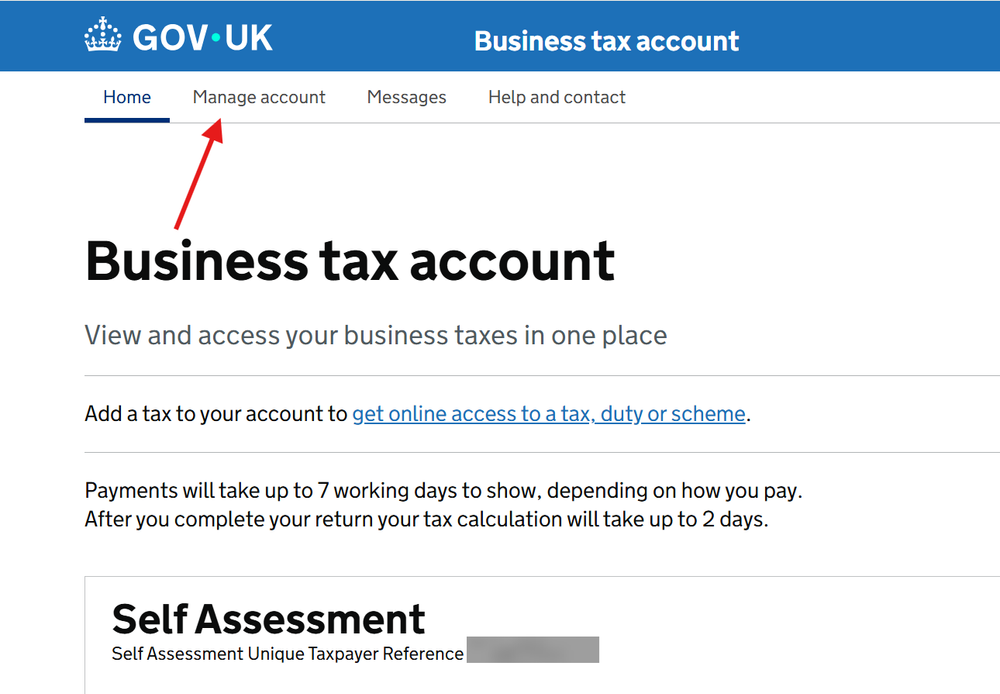 Business tax account - select Manage account