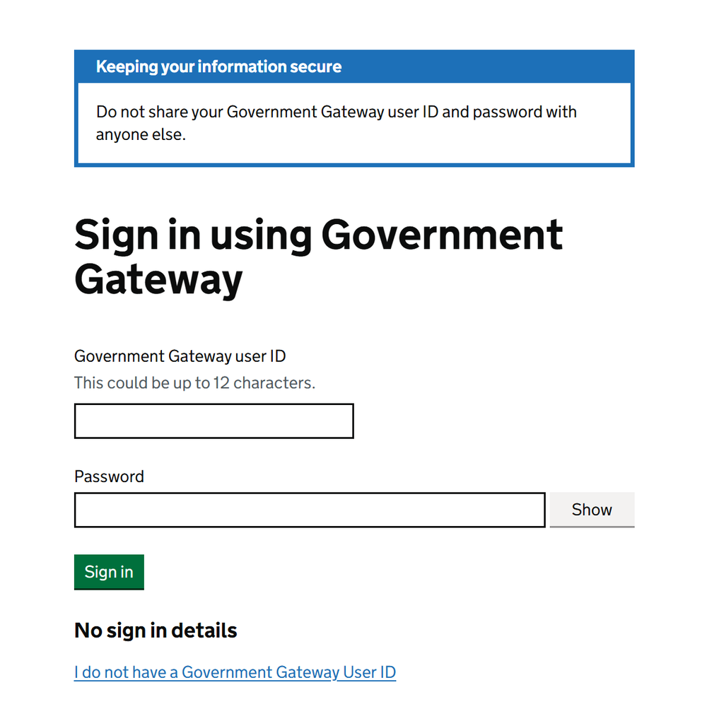 Government Gateway sign-in page