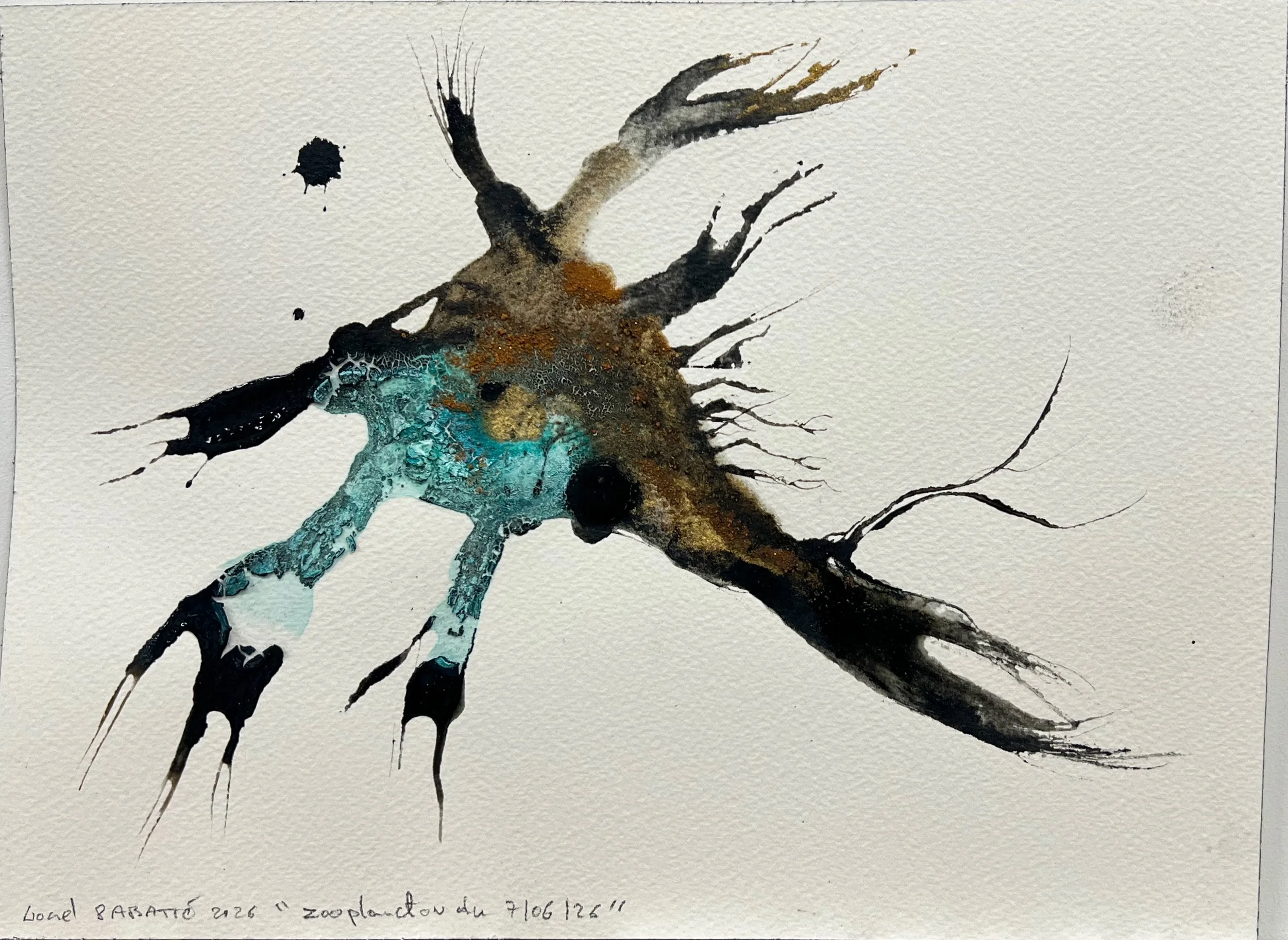 Lionel Sabatté, Zooplancton du 07-06-2026, 2026 - Oxydation et terre de Lascaux sur papier Arches, 23 x 31 cm - © Studio LS.jpeg
