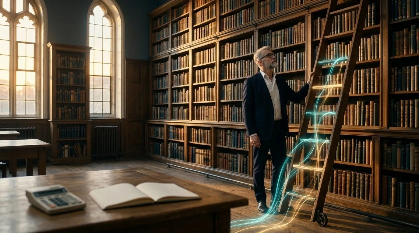 A man with a grey beard and glasses stands at a tall wooden library ladder whose lowest rungs dissolve into glowing teal and amber threads that rebuild them higher up. (AI-generated image)