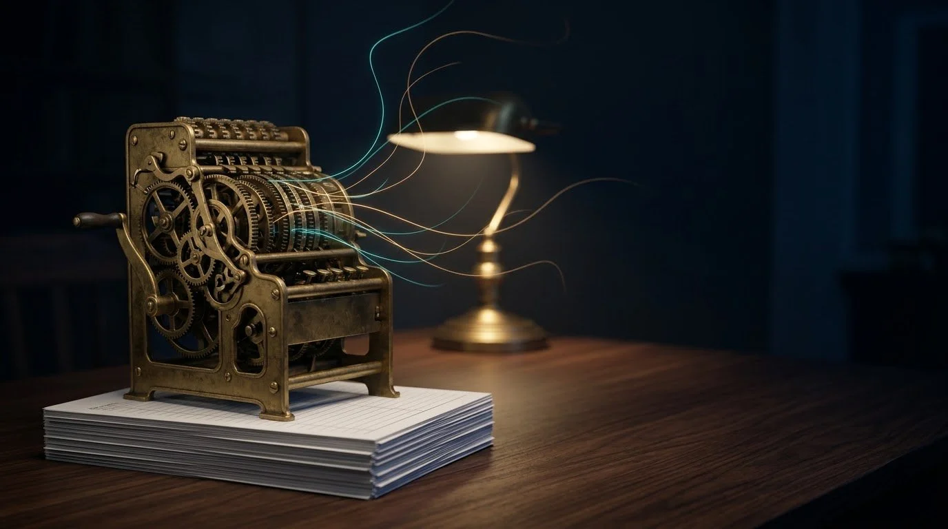 A brass mechanical calculator sits idle on a stack of printed lists like a paperweight, while fine teal and amber threads of light escape from its gears. (AI-generated image)