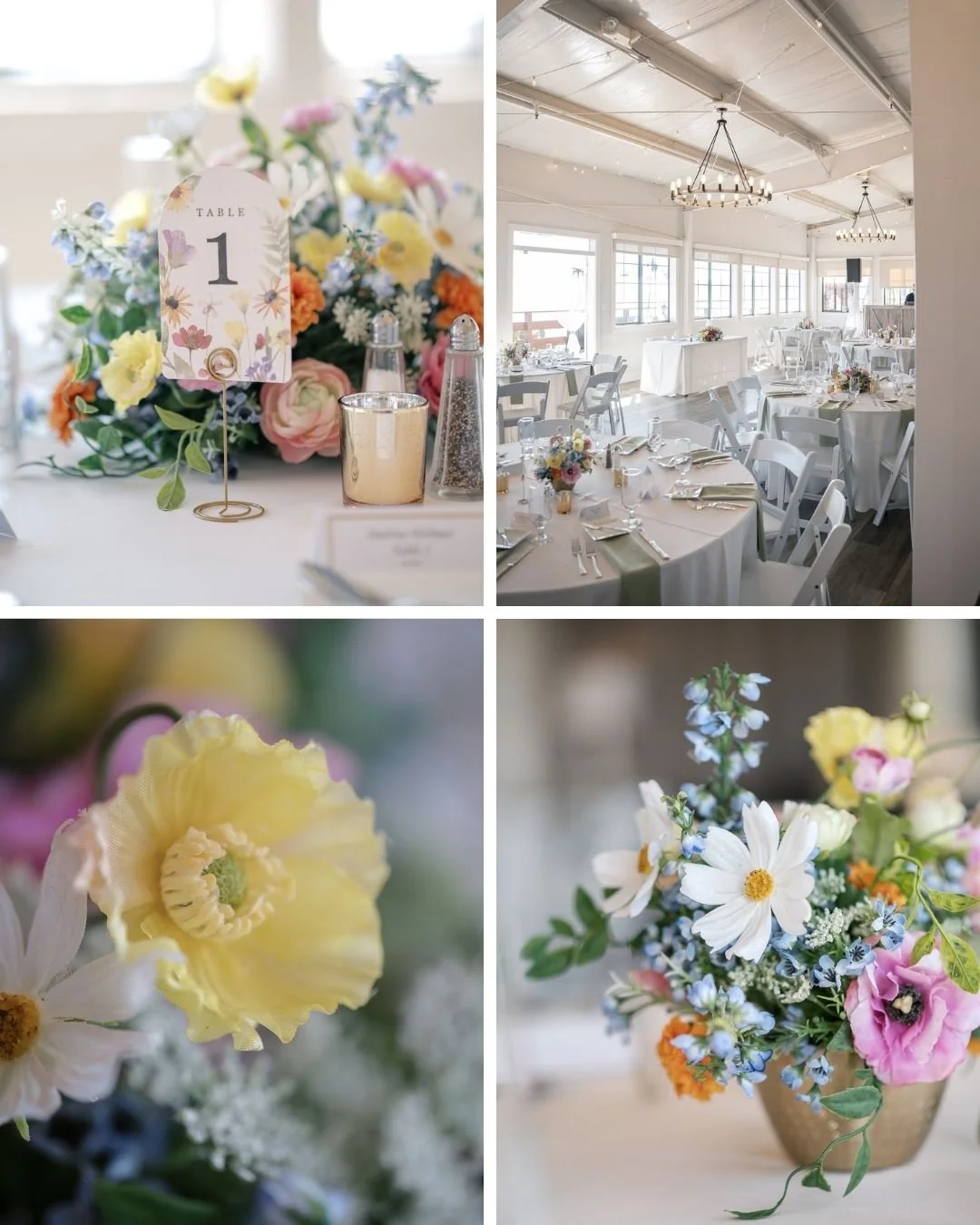 Elegant wedding table setting includes a floral centerpiece with colorful flowers, table number card, and white chairs in a bright, airy venue.