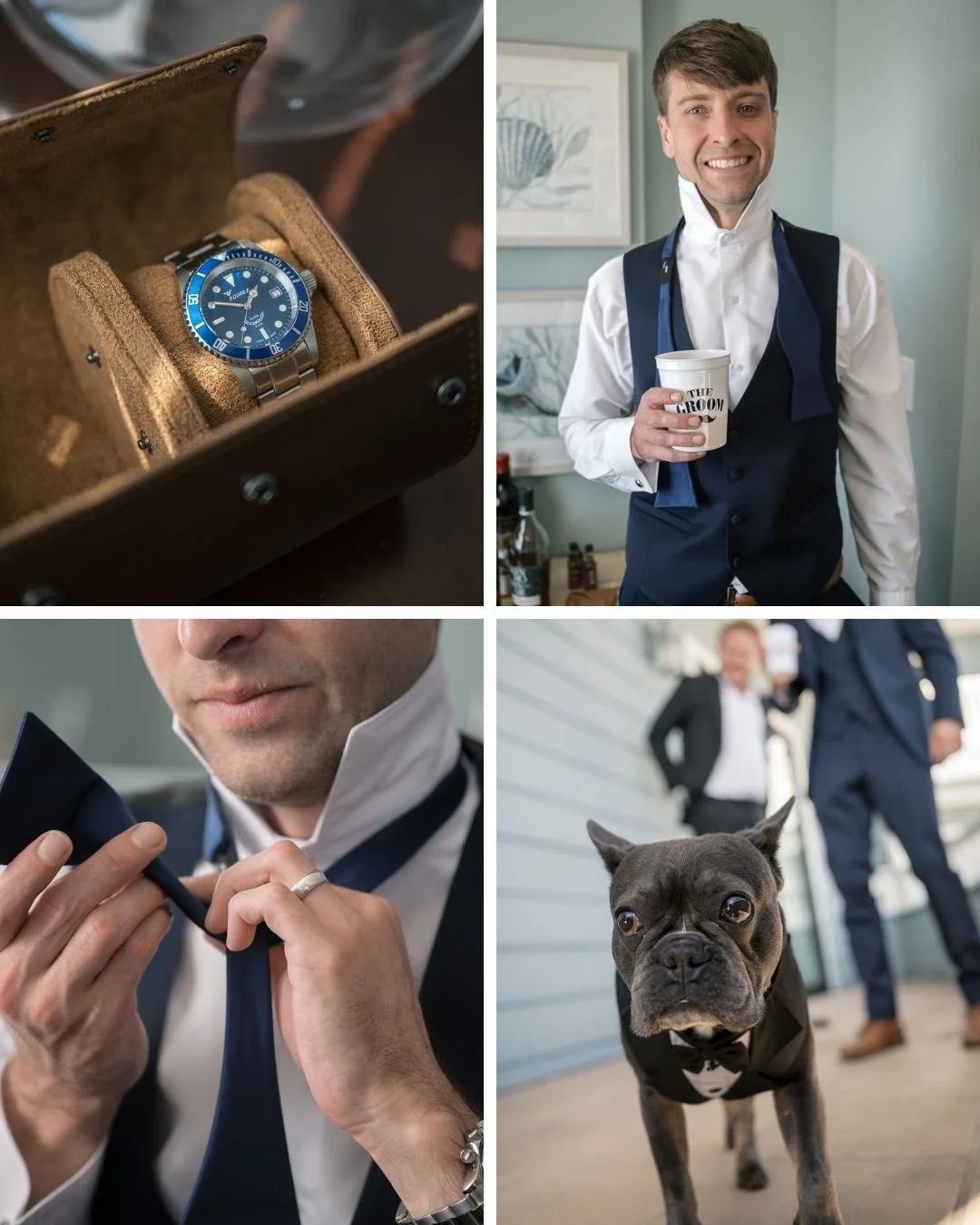 A collage of four images: a watch in a leather case, a smiling groom with a coffee cup, hands adjusting a bow tie, and a dog in a tuxedo. Mood: joyful, celebratory.