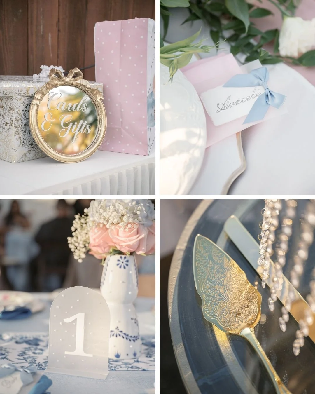 Elegant collage of wedding decor: gift table with wrapped presents, floral centerpiece with pink roses, ornate cake server, and seating card with blue bow.