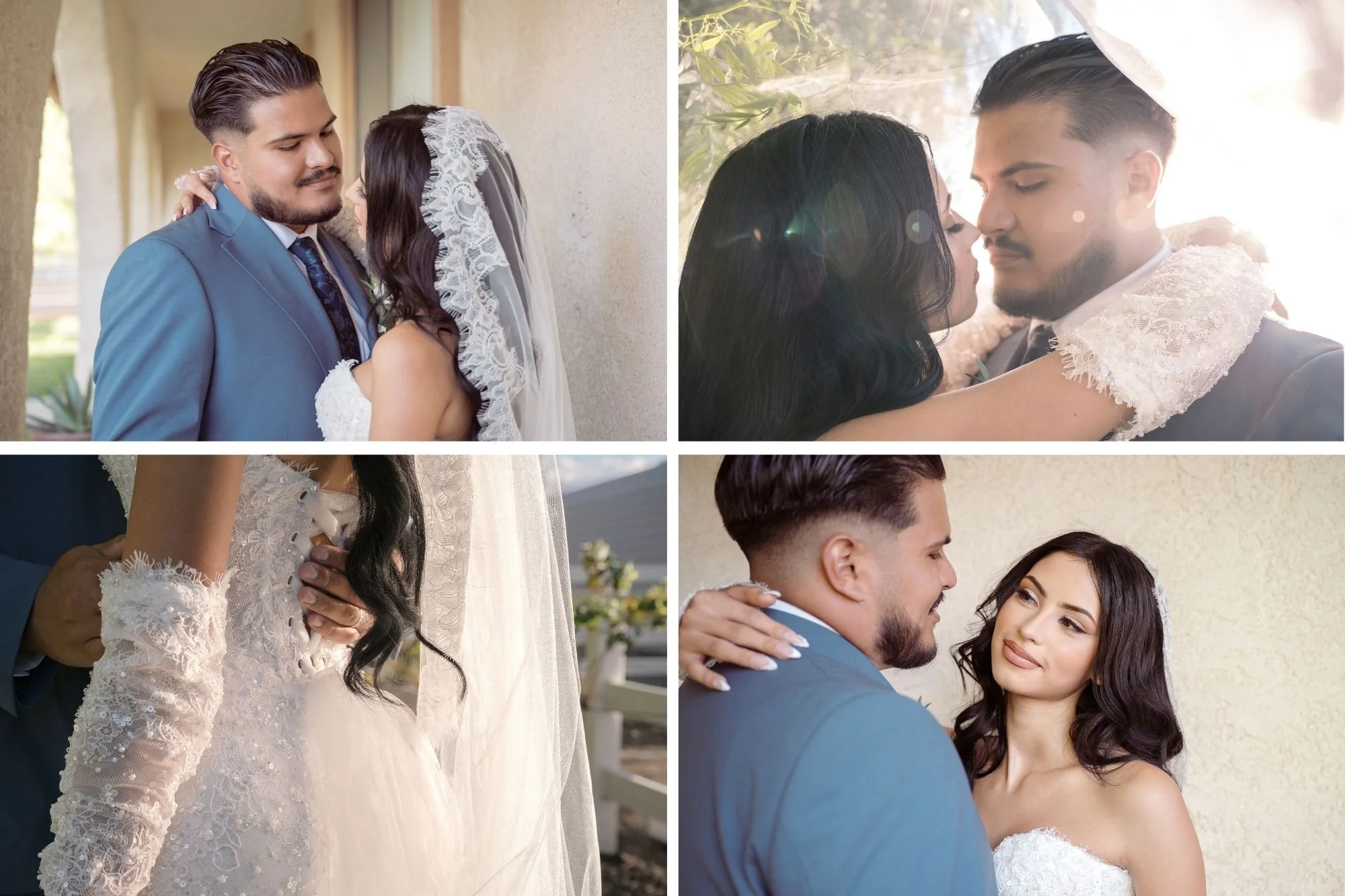 A couple shares tender moments on their wedding day. The bride, in a lacy white gown, and the groom, in a blue suit, embrace lovingly, exuding joy and intimacy.
