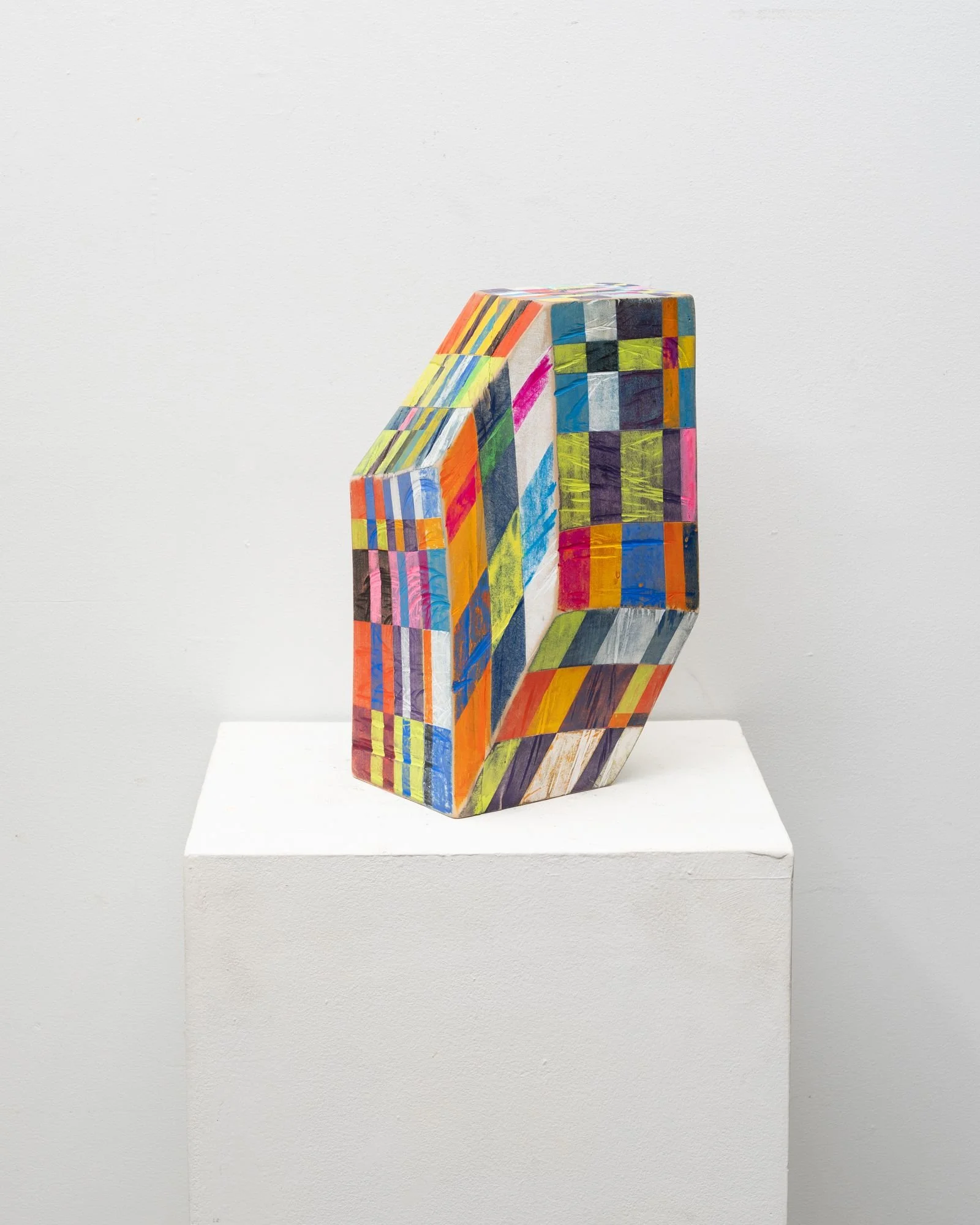 TIme Traveler (plaid flannel), 2026, 15" x 8" x 9", carved polychrome black birch