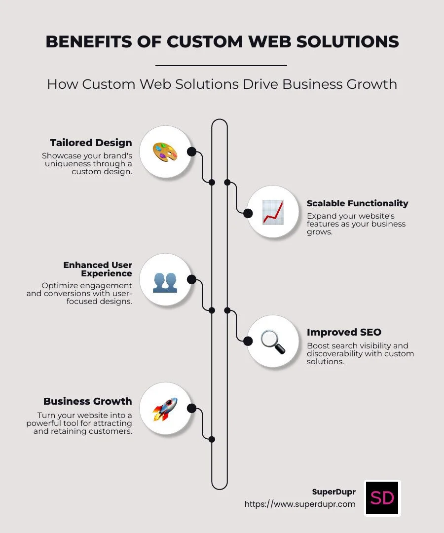 Infographic illustrating the benefits of custom web solutions for business growth, including custom design, scalability, improved user experience, and improved SEO - custom web solutions infographic infographic-line-5-steps-neat_beige