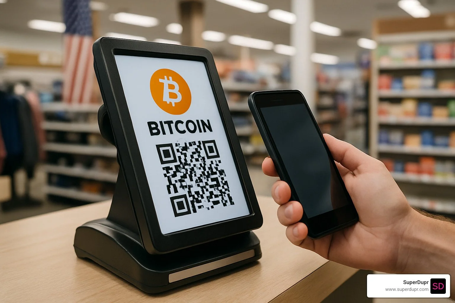 Point of sale terminal displaying Bitcoin QR code with customer scanning payment - Bitcoin payment methods