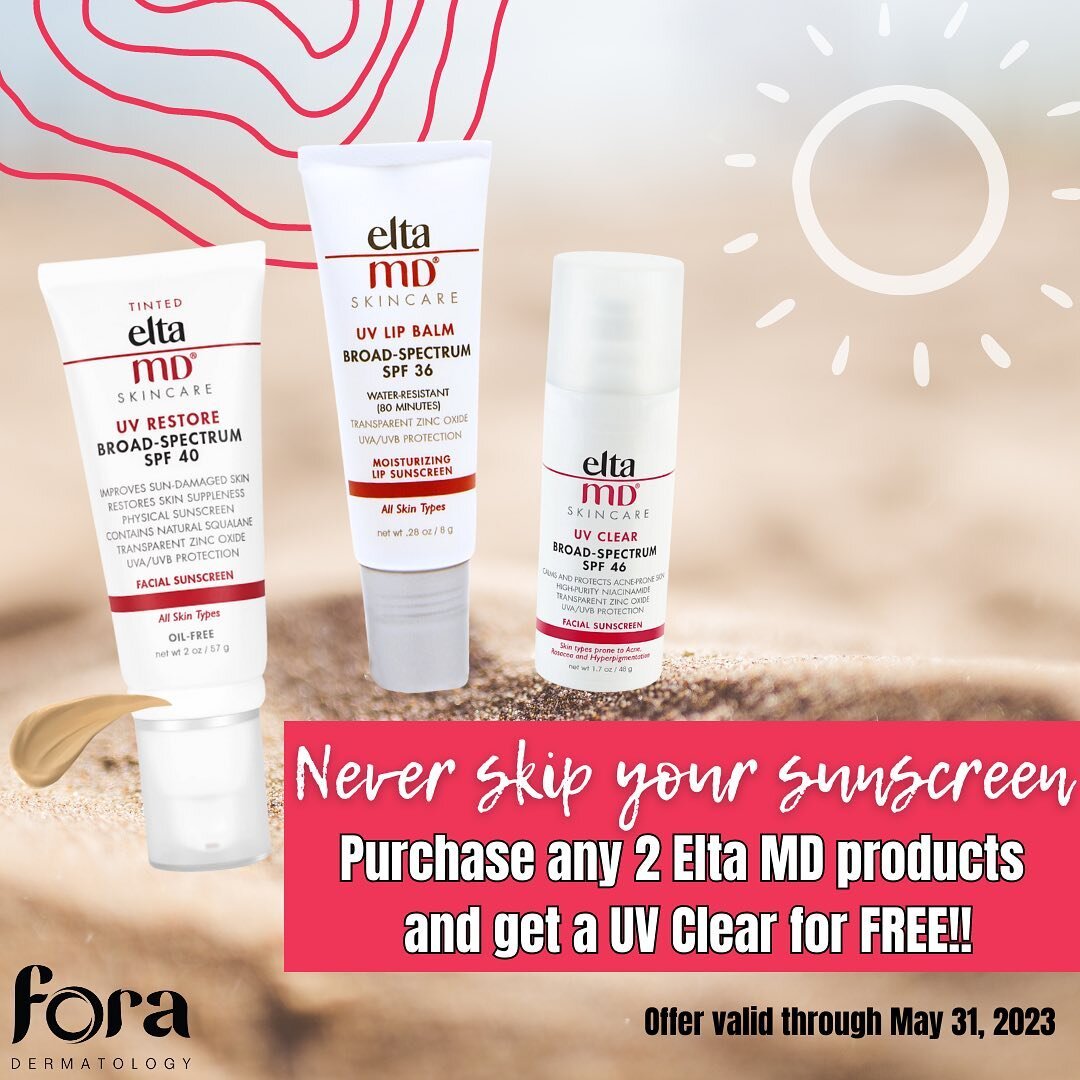 May is National Skin Cancer Awareness Month! Don&rsquo;t skimp on the sunscreen☀️🧴

Purchase any 2 Elta MD products this month and get a UV clear for free! 

#foradermatology #skincancerawareness #eltamd #sunscreen #sunprotection #sunsafety #skincan