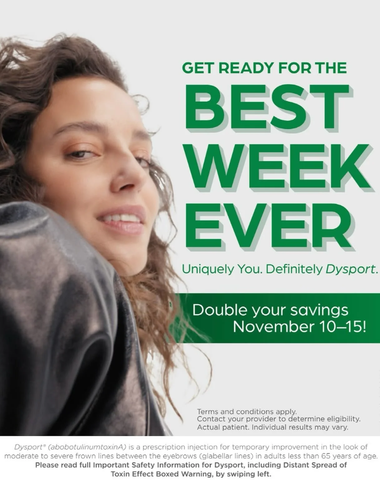 Ready for the best week ever?
From November 10&ndash;15, Dysport lovers get double the ASPIRE savings. Yep, double. If you&rsquo;ve been waiting for a sign to book&hellip; this is it. 

Book online, call or text us today! 
Text: (980) 370-2632 
Call: