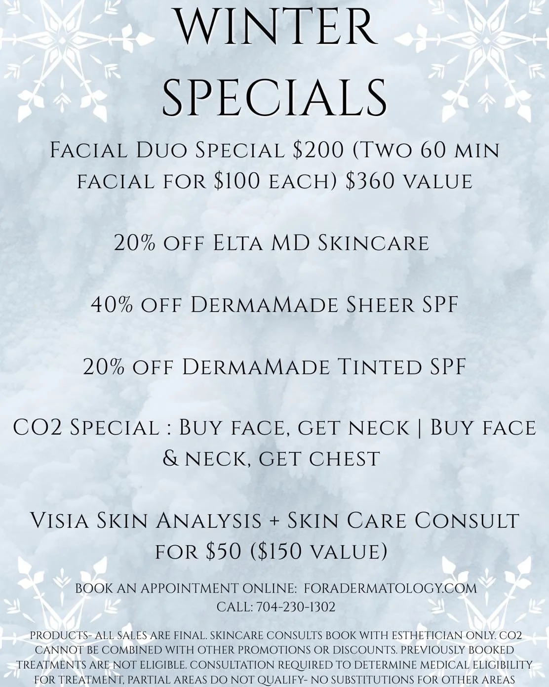 This winter, let your skin shine brighter than the snow ❄️

Enjoy exclusive Winter Specials at Fora Dermatology &mdash; available through January 31st!

Book your appointment today: foradermatology.com or call 704-230-1302

#dermatology #northcarolin