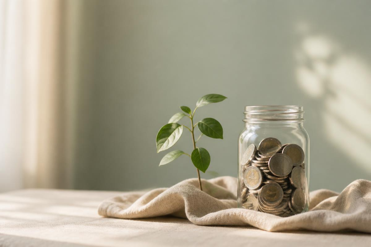 A glass jar filled with coins, a small leafy plant, and a light-colored cloth on a surface with a plain background.