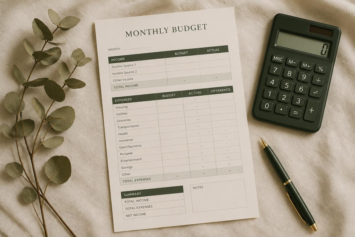 Monthly budget worksheet with sections for income, expenses, summary, notes, alongside a calculator, pen, and a sprig of greenery on a beige fabric background.