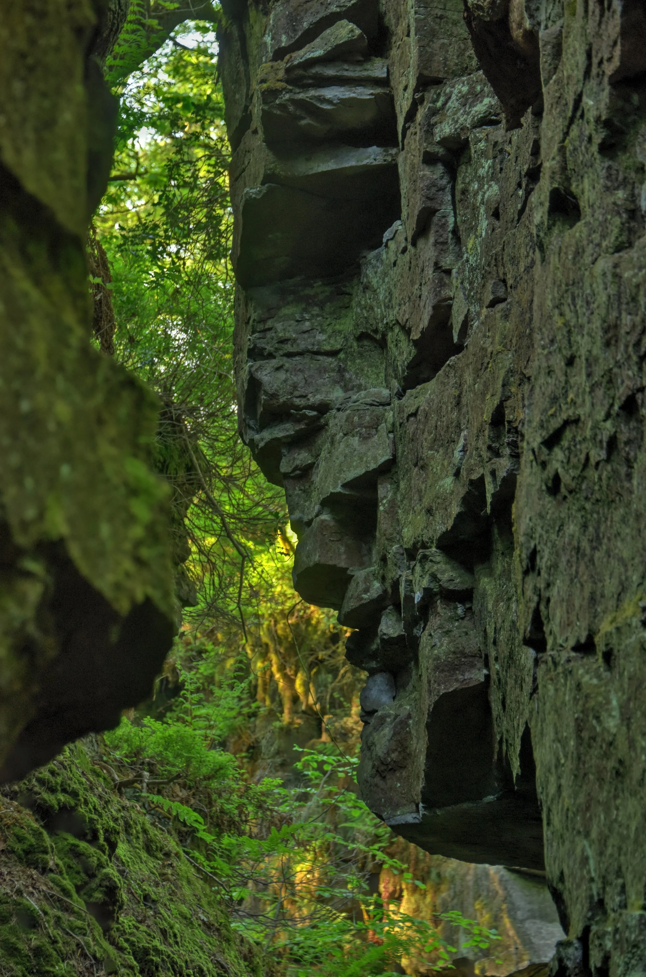 A rock formation inside Lud's Church, a very narrow ravine in England's Peak District National Park, reputed to be the model for the "Green Chapel" in the medieval poem "Sir Gawain and the Green Knight."