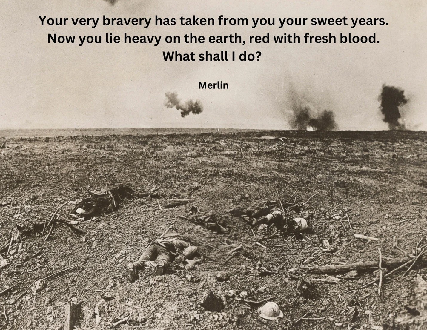 Photo: Canadian Troops on the Somme Battlefield. In the sky is a quote from the Vita Merlini: "Your very bravery has taken from you your sweet years. Now you lie heavy on the earth, red with fresh blood. What shall I do?"