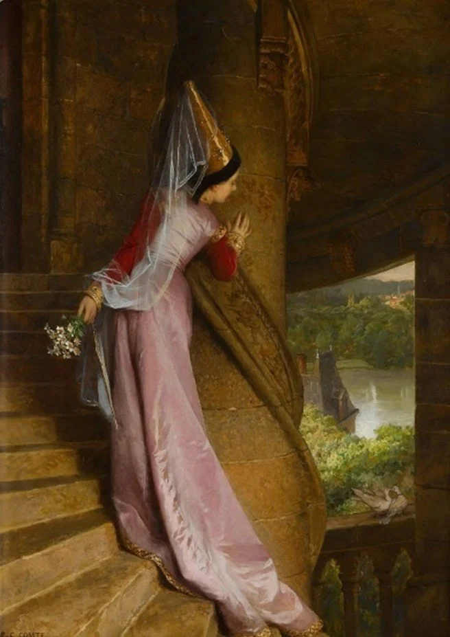 An elaborately dressed maiden standing on a staircase leans back to look out a window in her tower. On the window sill are two love birds.