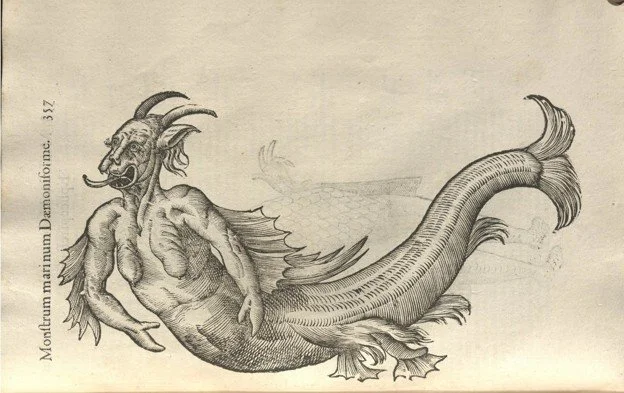 A ‘Demon-form marine monster’ from De Monstrorum Historia. The monster has a fish-like tail and humanoid torso; their breasts hang down, uncovered, and their arms have fins and end in crab-like claws. The monster's head is horned and somewhat canine.