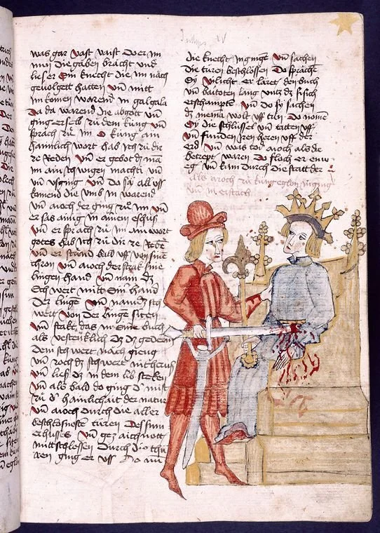 A medieval manuscript page that features a sizeable illustration in the bottom right portion of the page. In the illustration, a man in red stabs a king seated on a throne. The wound, in the king's stomach, gushes artful streams of blood