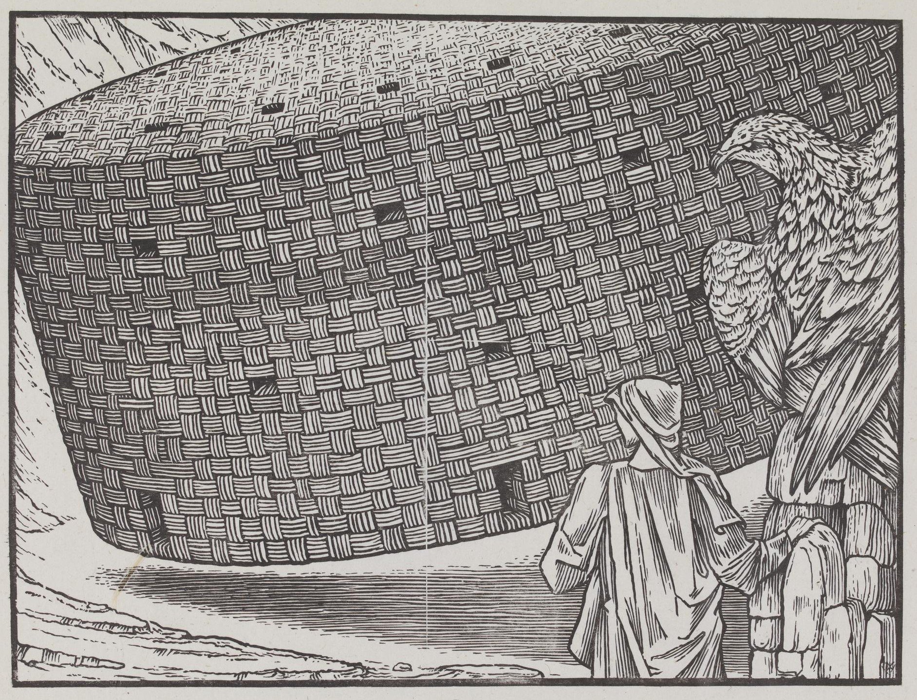 Proof of an illustration designed by Burne-Jones for the Kelmscott 'Chaucer' in which a cloaked man with an eagle beside him looks on as a giant woven structure alights on the ground