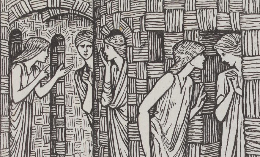 Zoomed in portion of a proof of an illustration designed by Burne-Jones for the Kelmscott "Chaucer," which features women emerging from the frames within the woven structure to whisper to one another