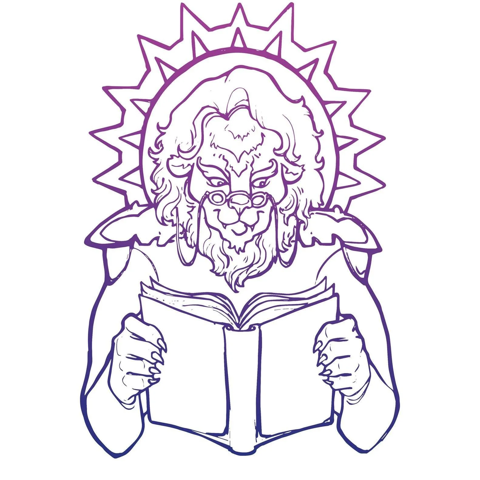 beastly books logo. george R R Martin. lion reading a book