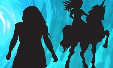 woman riding a unicorn, woman looking into a vortex