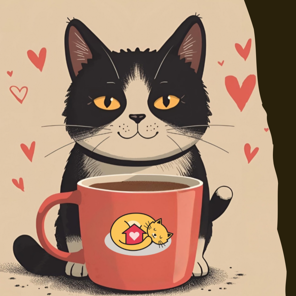 Black and white cat with a red coffee mug in front of it that has the Almost Home Cat Rescue logo on it.
