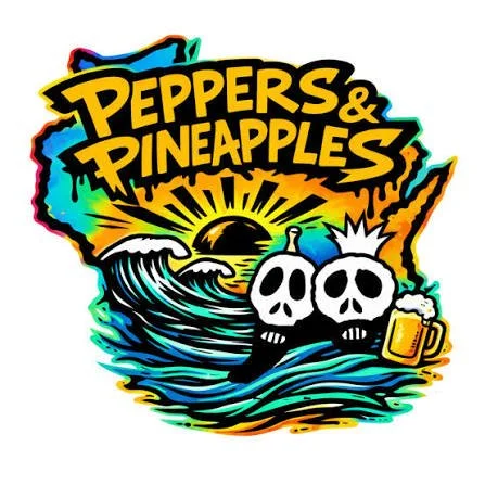 Peppers & Pineapples logo featuring beach waves, two skulls, and a mug of beer.
