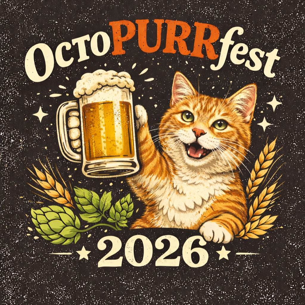 Cartoon-style cat holding a mug of beer