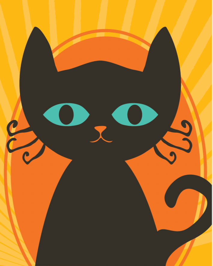 Mid-century modern style black cat with teal blue/green eyes