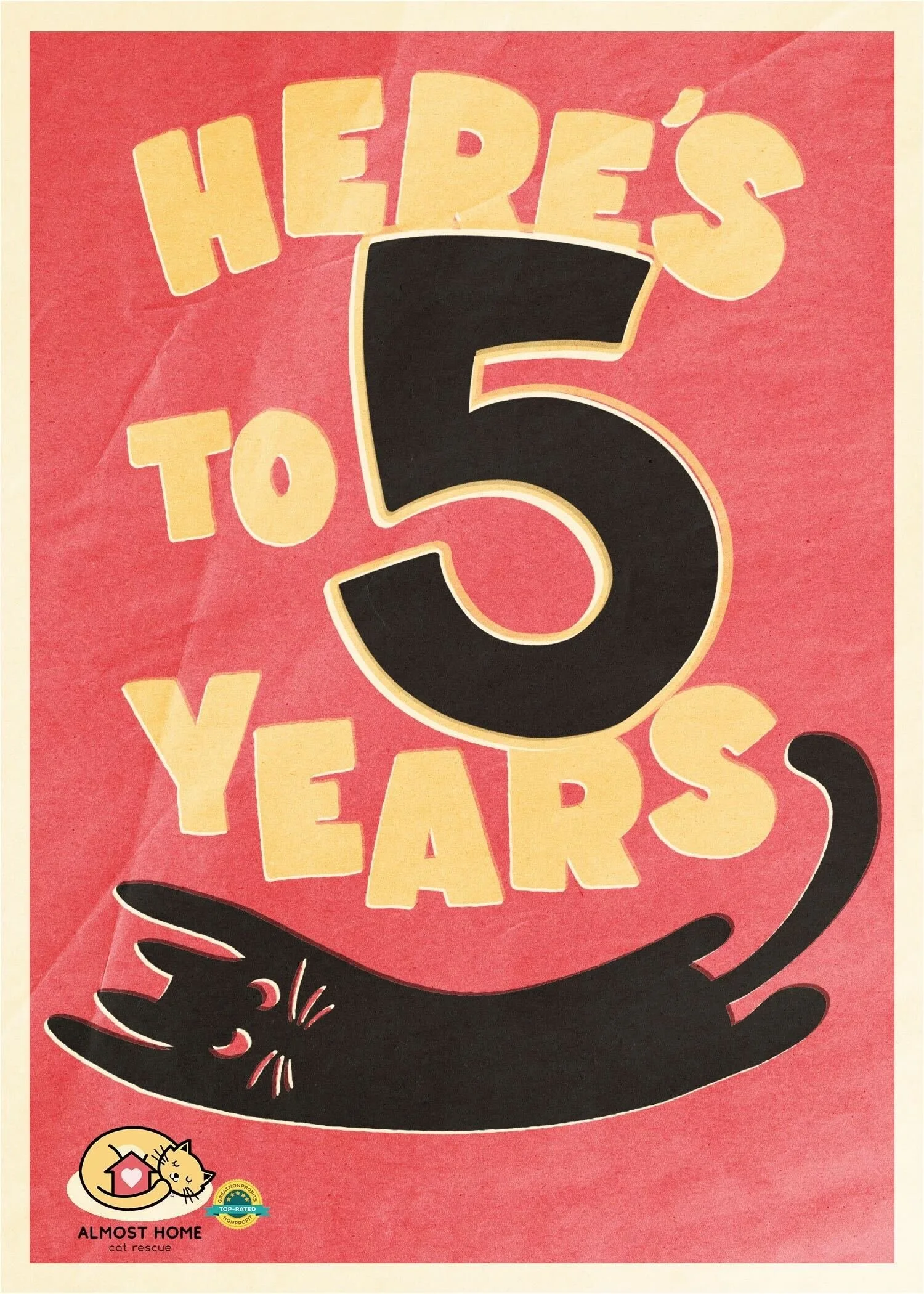 Postcard with "Here's to 5 years" copy and a black cat