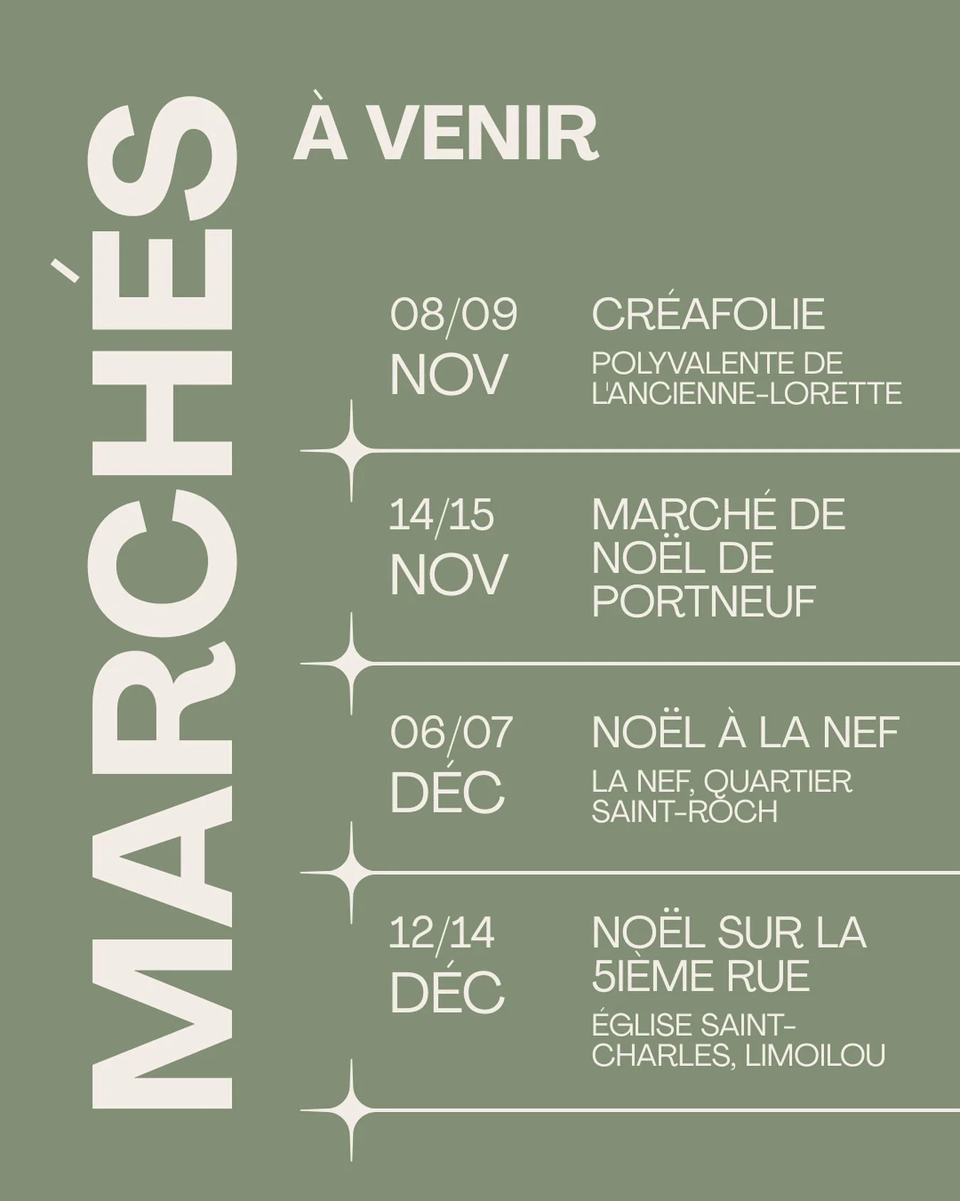 MARCH&Eacute;S DE NO&Euml;L 🎄

Voici un r&eacute;capitulatif de nos march&eacute;s de No&euml;l 2025:

8 et 9 novembre: Cr&eacute;afolie
Polyvalente de L&rsquo;Ancienne-Lorette

14 et 15 novembre: March&eacute; de No&euml;l de Portneuf
Carrefour mun