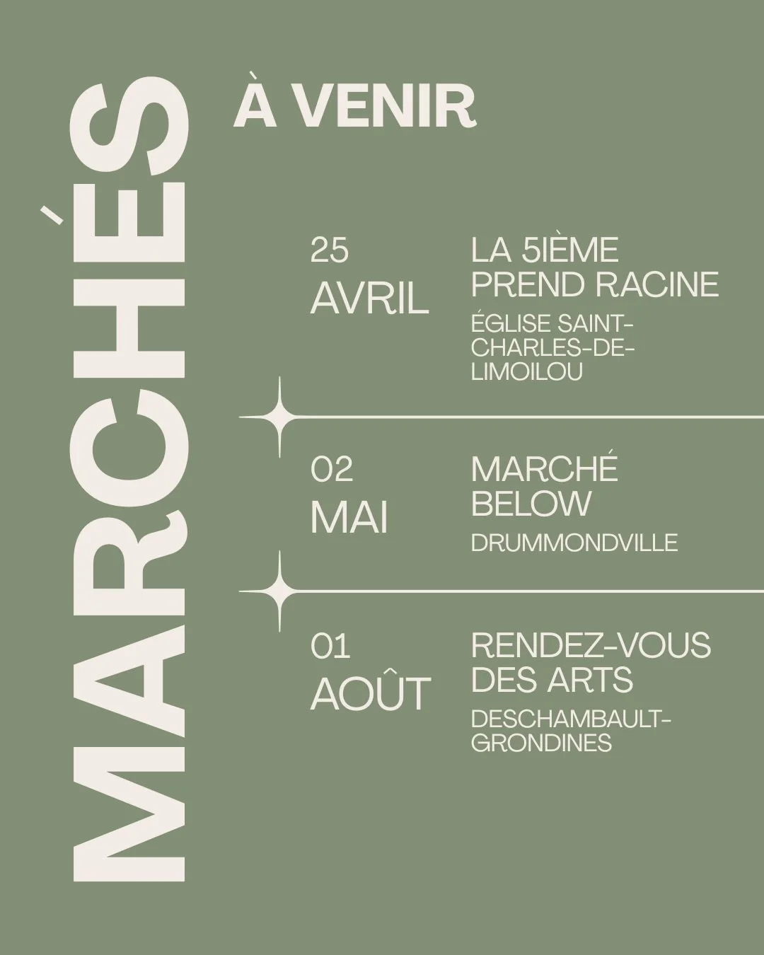 Voici les dates des prochains march&eacute;s:

25 avril : La 5i&egrave;me Prend Racine
@auchoeurdela5iemerue 
Limoilou

2 mai : @marche.below 
Drummondville

1 ao&ucirc;t : Rendez-vous des Arts
Deschambault-Grondines

Passez me dire bonjour! Au plais